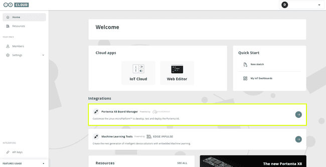 Arduino Cloud homepage with Portenta X8 Manager