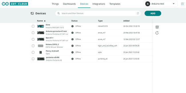 List of devices in your Arduino Cloud