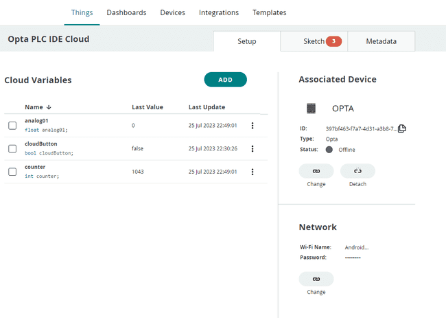 Arduino Cloud Thing and Cloud variables for Opta™